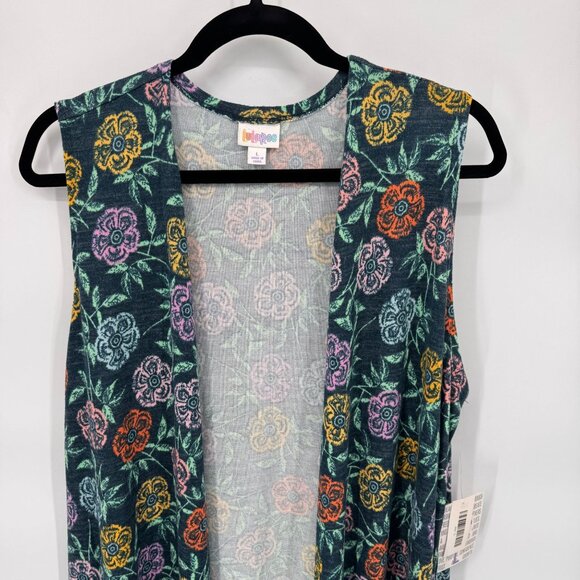 LuLaRoe Sleeveless Joy Vest Womens Large Blue Floral Polyester Side Slits NEW - Picture 2 of 8